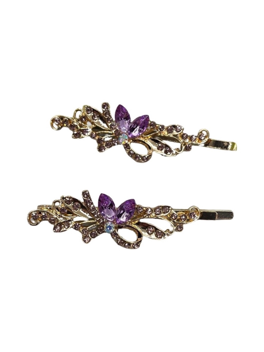 Gold-Tone Hair Clips with Purple Crystal Floral AccentsFINAL PRICE DROP